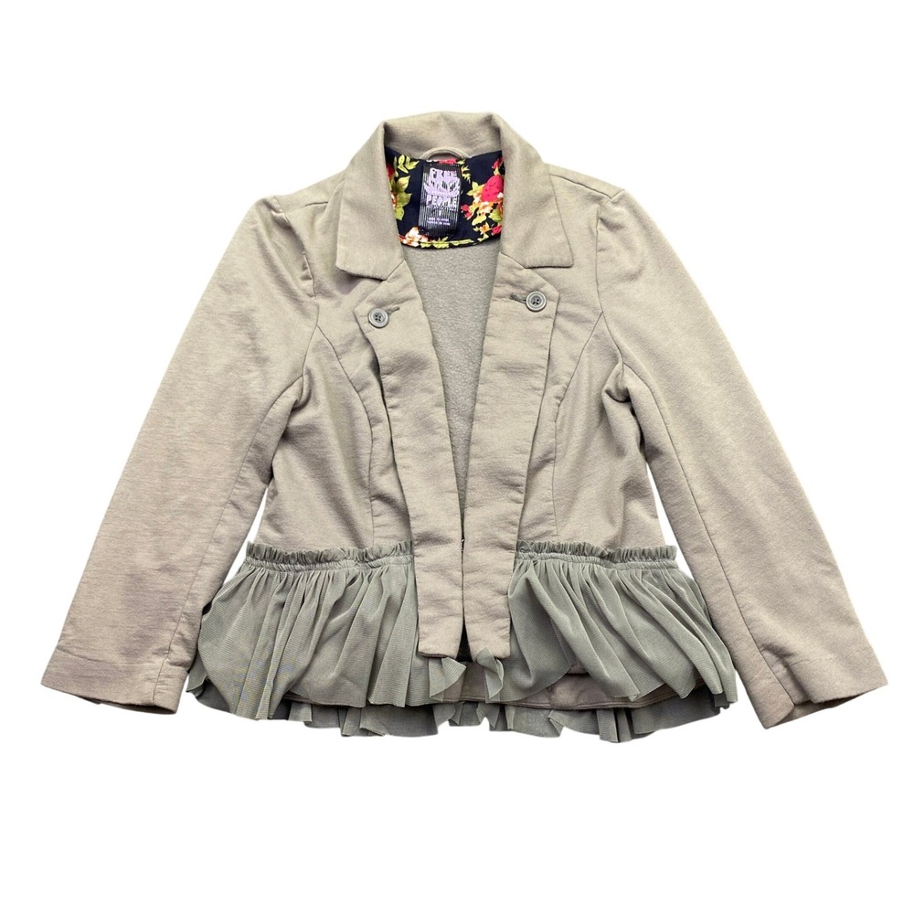 Free People Sage Green Knit Peplum Blazer Jacket with Tulle Ruffle Size 8 Boho